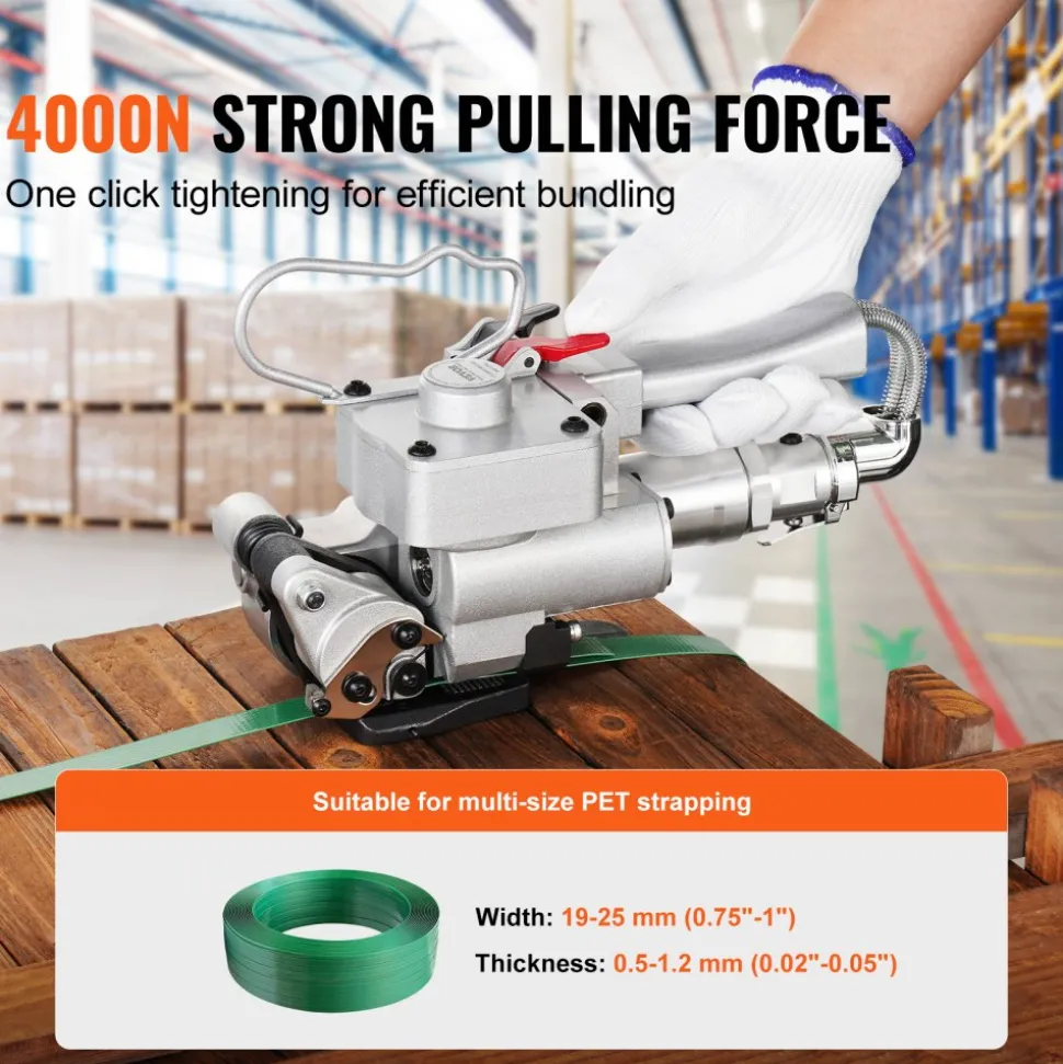 VEVOR Pneumatic Strapping Tool, for 3/4"-1" Width PET Plastic Belt, Packaging Strapping Machine, Handheld Baler, Automatic Packaging Machine with 4000N Max Tension, Portable Banding Strapping Kit