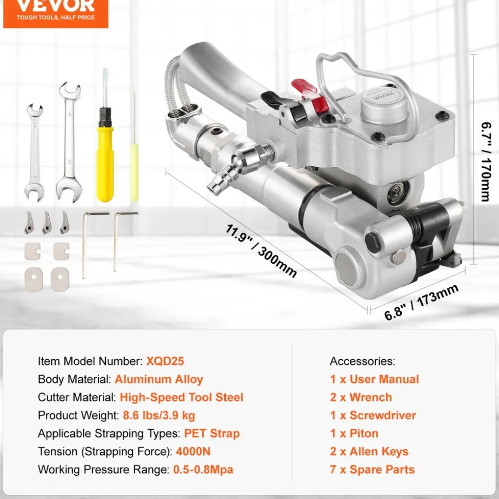 VEVOR Pneumatic Strapping Tool, for 3/4"-1" Width PET Plastic Belt, Packaging Strapping Machine, Handheld Baler, Automatic Packaging Machine with 4000N Max Tension, Portable Banding Strapping Kit