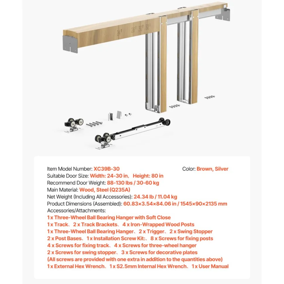 VEVOR Pocket Door Frame Kit, for 24-30 in Wide 80 in High Door, Pocket Door Kit with Two-Way Soft Close Mechanism, Slide Smoothly Quietly, Easy to Install, Wood and Galvanized Steel, for Living Room