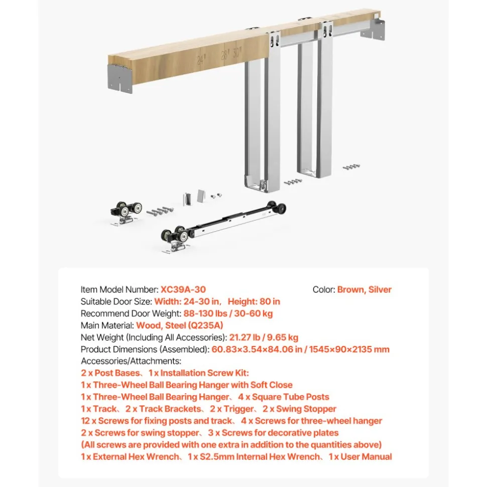 VEVOR Pocket Door Frame Kit, for 24-30 in Wide 80 in High Door, Pocket Door Kit with Two-Way Soft Close Mechanism, Slide Smoothly Quietly, Easy to Install, Premium Galvanized Steel, for Living Room