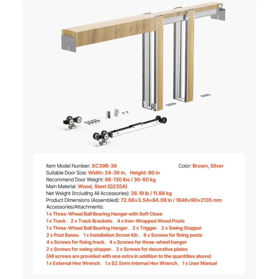 VEVOR Pocket Door Frame Kit, for 24-32 in Wide 80 in High Door, Pocket Door Kit with Two-Way Soft Close Mechanism, Slide Smoothly Quietly, Easy to Install, Premium Galvanized Steel, for Living Room