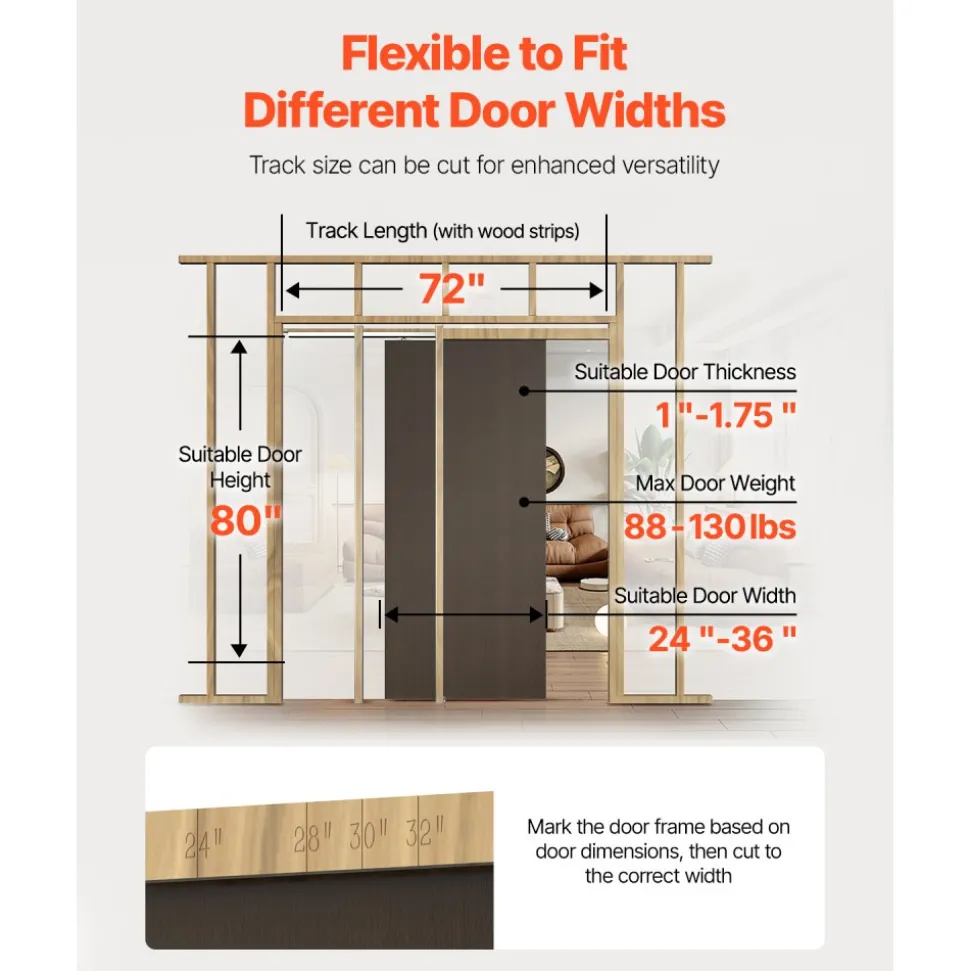 VEVOR Pocket Door Frame Kit, for 24-32 in Wide 80 in High Door, Pocket Door Kit with Two-Way Soft Close Mechanism, Slide Smoothly Quietly, Easy to Install, Premium Galvanized Steel, for Living Room