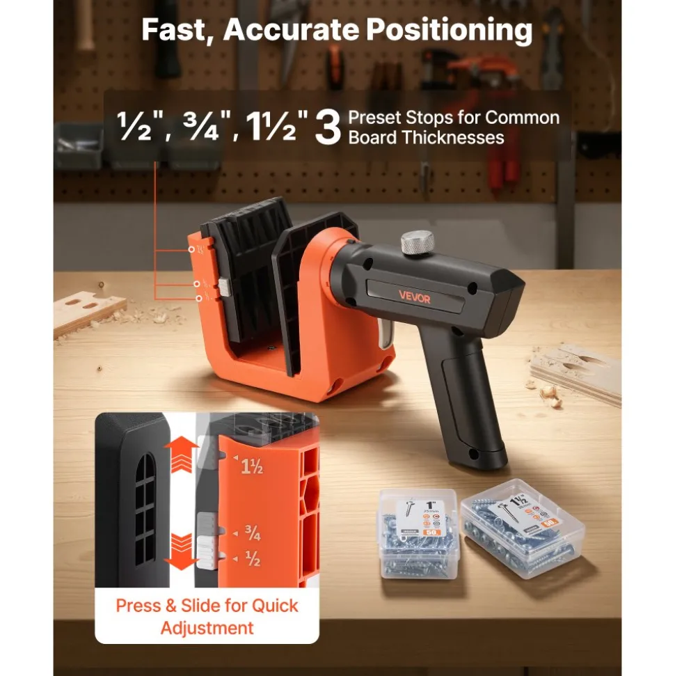 VEVOR Pocket Hole Jig Kit, 1/2", 3/4", 1-1/2" Adjustable, 360° Rotating Handle, Jig Pocket Hole System with 260 Screws, C-Clamp, Stop Collar, Drill Bit, Easy Clamping and Adjusting, for Woodworking