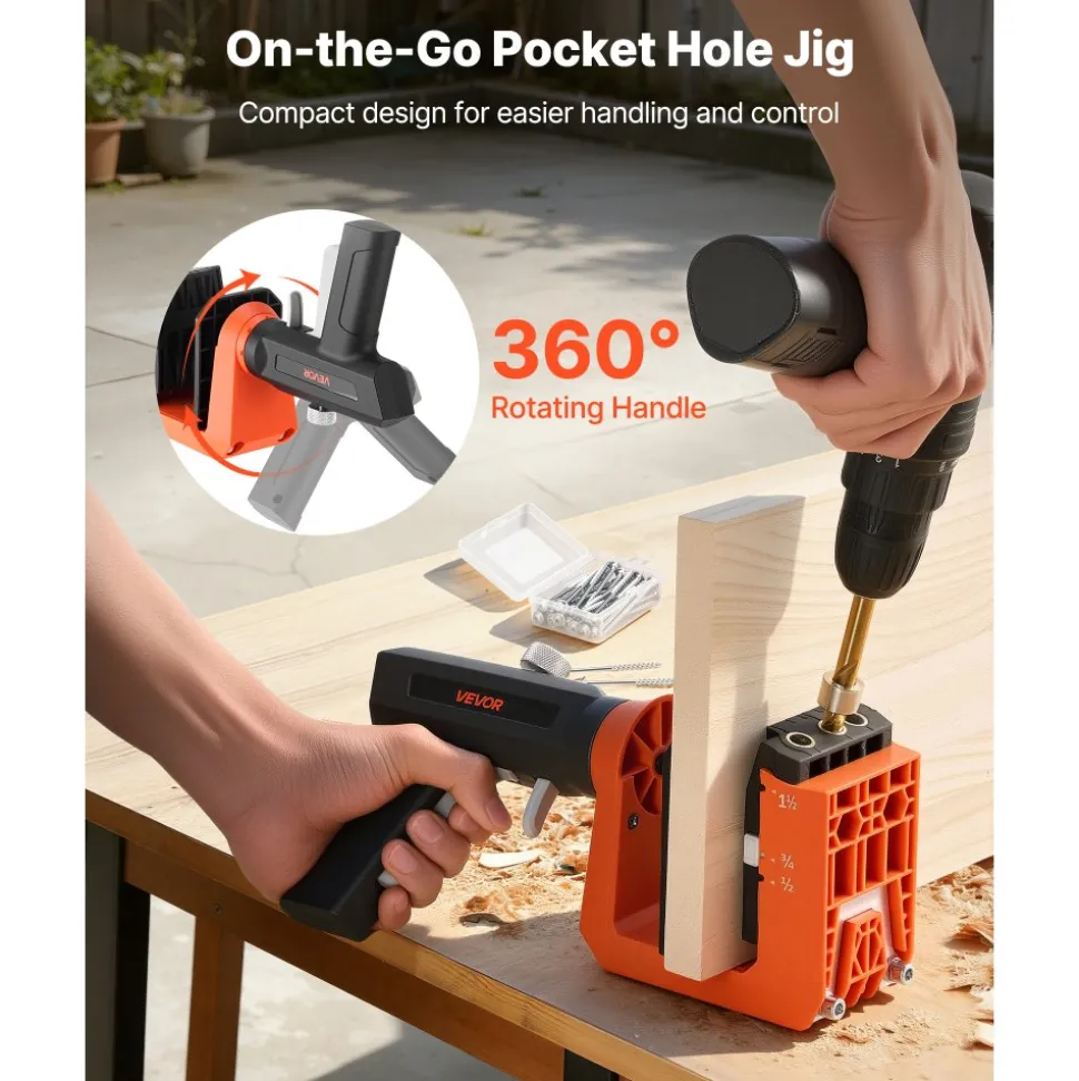 VEVOR Pocket Hole Jig Kit, 1/2", 3/4", 1-1/2" Adjustable, 360° Rotating Handle, Jig Pocket Hole System with 260 Screws, C-Clamp, Stop Collar, Drill Bit, Easy Clamping and Adjusting, for Woodworking