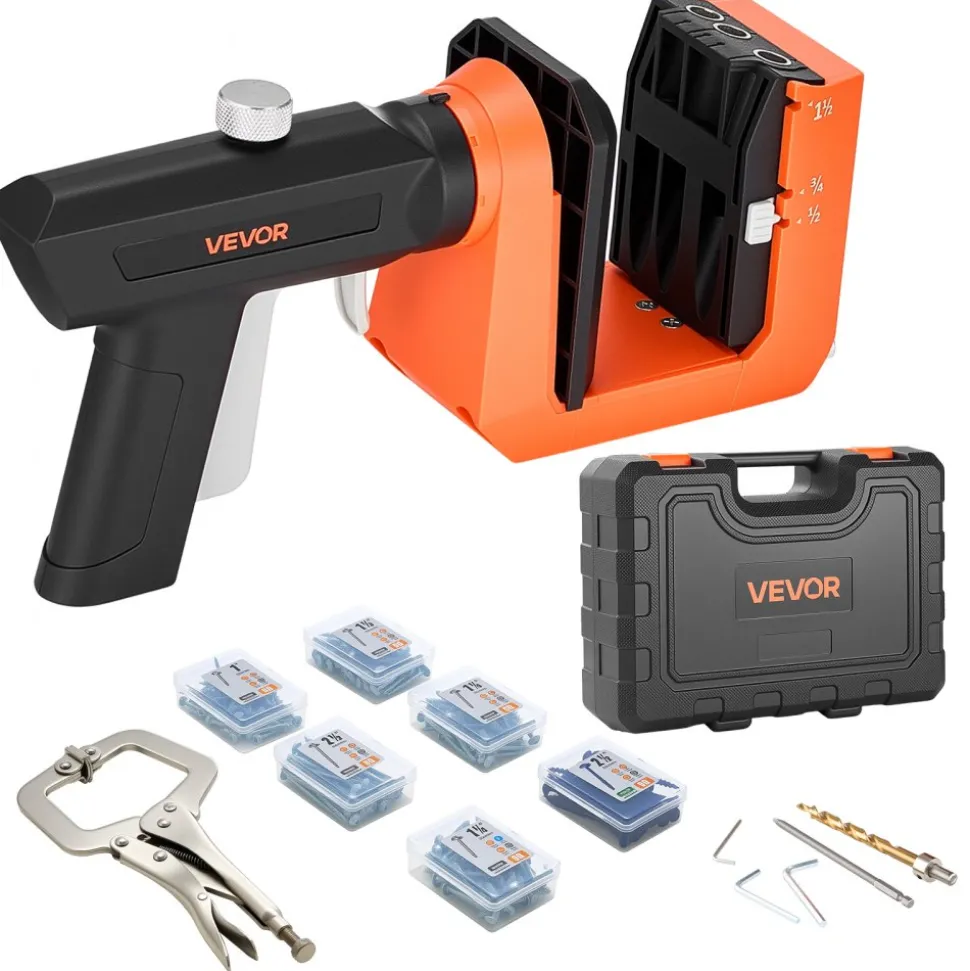 VEVOR Pocket Hole Jig Kit, 1/2", 3/4", 1-1/2" Adjustable, 360° Rotating Handle, Jig Pocket Hole System with 260 Screws, C-Clamp, Stop Collar, Drill Bit, Easy Clamping and Adjusting, for Woodworking