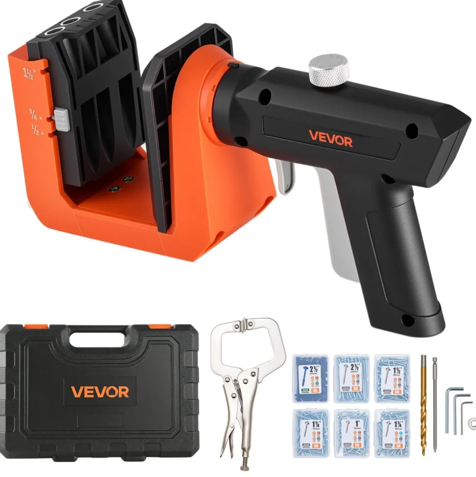 VEVOR Pocket Hole Jig Kit, 1/2", 3/4", 1-1/2" Adjustable, 360° Rotating Handle, Jig Pocket Hole System with 260 Screws, C-Clamp, Stop Collar, Drill Bit, Easy Clamping and Adjusting, for Woodworking