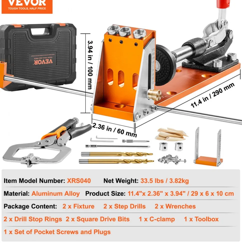 VEVOR Pocket Hole Jig Kit, 34 Pcs Pocket Hole Jig System with 11" C-clamp, Fixture, Step Drills, Wrenches, Drill Stop Rings, Square Drive Bits, Toolbox, Adjustable, for DIY Carpentry Projects