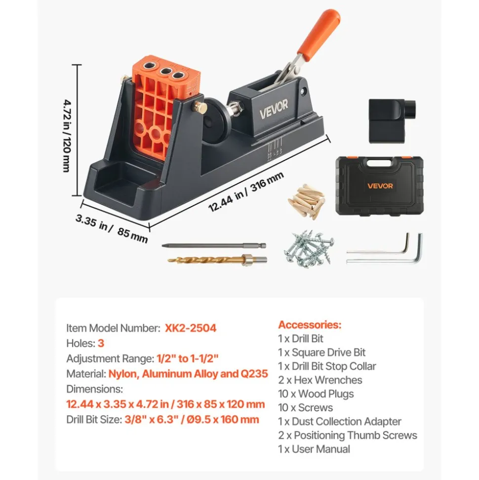 VEVOR Pocket Hole Jig Kit, 1/2" to 1-1/2" Adjustable, Lightweight Jig Pocket Hole System with Dust Collection Adapter, Detachable Guide Block, Drill Bit, Stop Collar, Easy Adjusting, for Woodworking