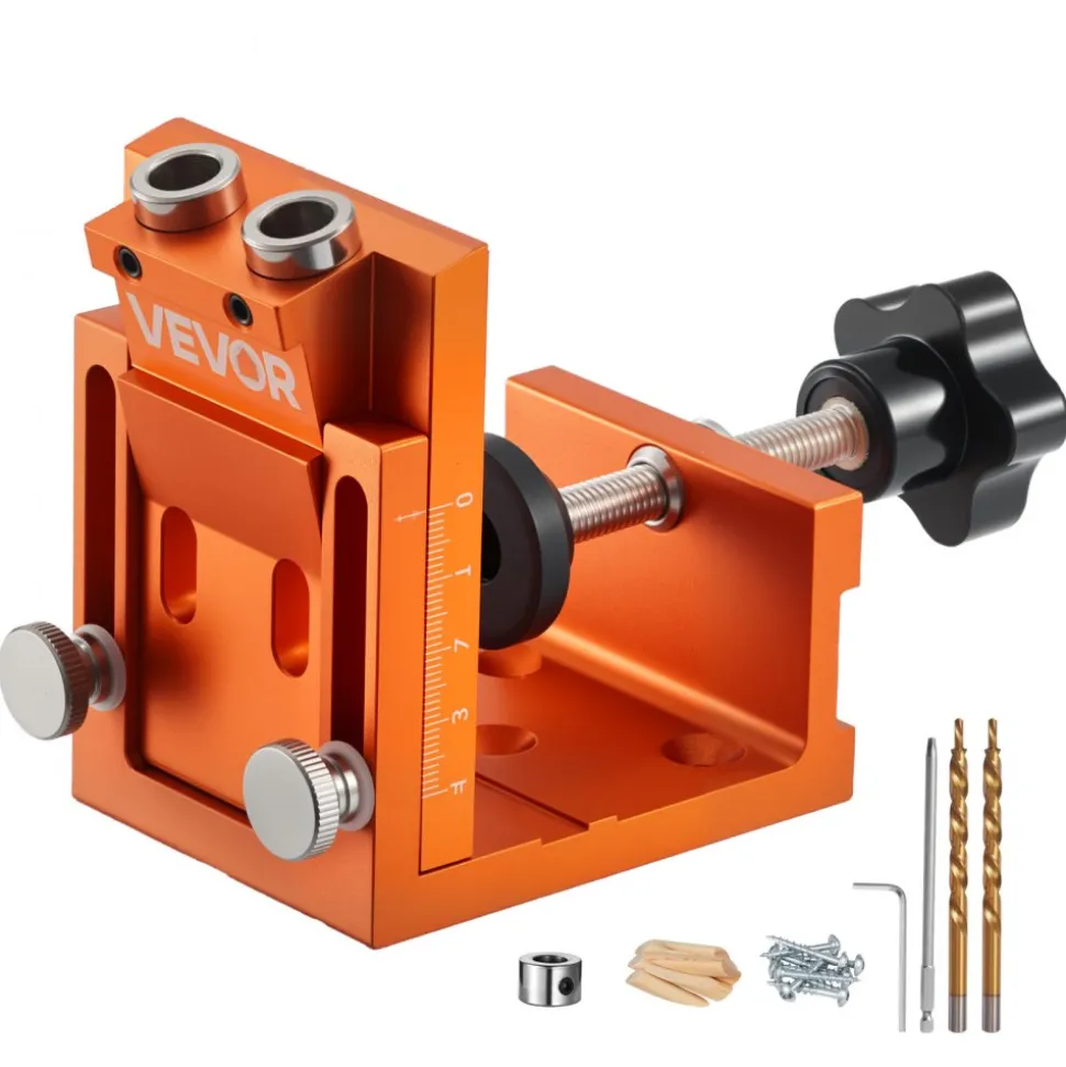 VEVOR Pocket Hole Jig Kit, 0.47 to 1.89 in Adjustable, Jig Pocket Hole System with Step Drill, Hex Wrench, Drill Stop Ring, Square Drive Bit, Plugs and Screws, Reinforced Metal Frame, for Woodworking