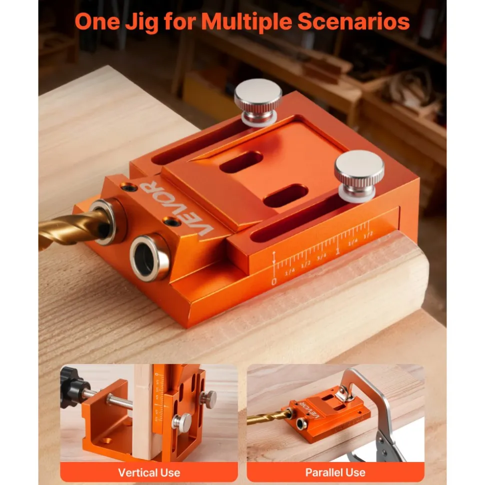 VEVOR Pocket Hole Jig Kit, 0.47 to 1.89 in Adjustable, Jig Pocket Hole System with Step Drill, Hex Wrench, Drill Stop Ring, Square Drive Bit, Plugs and Screws, Reinforced Metal Frame, for Woodworking