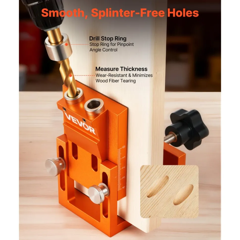 VEVOR Pocket Hole Jig Kit, 0.47 to 1.89 in Adjustable, Jig Pocket Hole System with Step Drill, Hex Wrench, Drill Stop Ring, Square Drive Bit, Plugs and Screws, Reinforced Metal Frame, for Woodworking