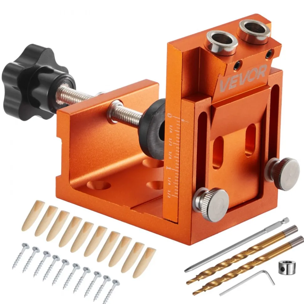 VEVOR Pocket Hole Jig Kit, 0.47 to 1.89 in Adjustable, Jig Pocket Hole System with Step Drill, Hex Wrench, Drill Stop Ring, Square Drive Bit, Plugs and Screws, Reinforced Metal Frame, for Woodworking
