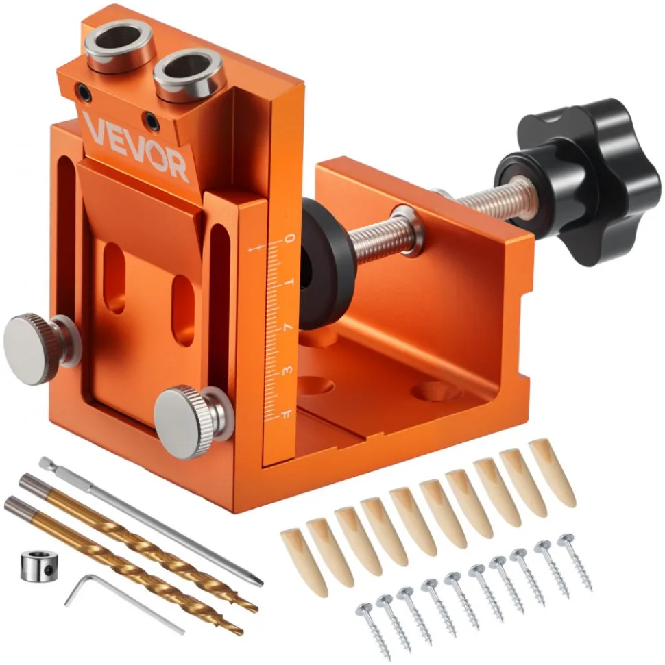VEVOR Pocket Hole Jig Kit, 0.47 to 1.89 in Adjustable, Jig Pocket Hole System with Step Drill, Hex Wrench, Drill Stop Ring, Square Drive Bit, Plugs and Screws, Reinforced Metal Frame, for Woodworking