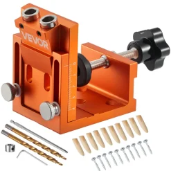 VEVOR Pocket Hole Jig Kit, 0.47 to 1.89 in Adjustable, Jig Pocket Hole System with Step Drill, Hex Wrench, Drill Stop Ring, Square Drive Bit, Plugs and Screws, Reinforced Metal Frame, for Woodworking