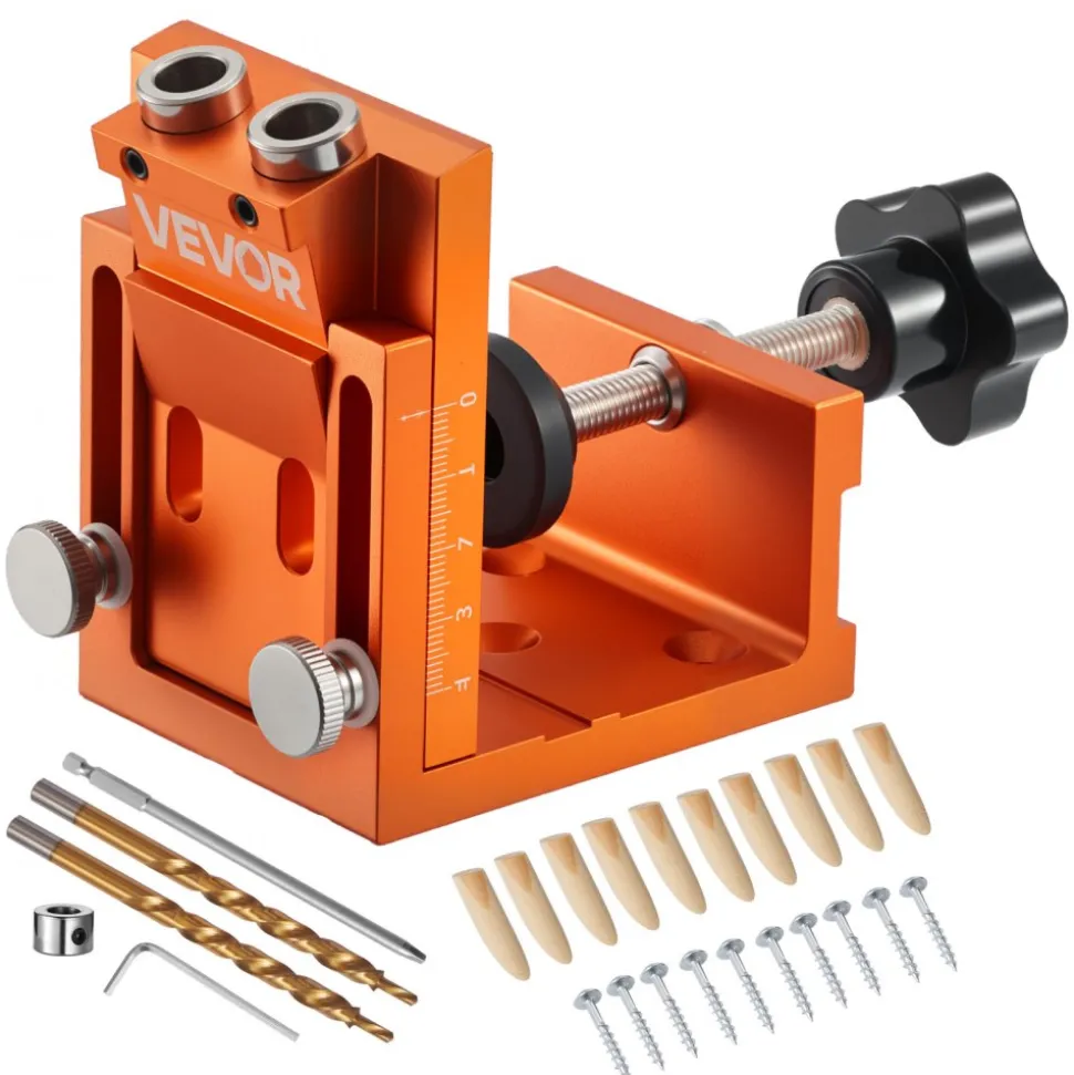 VEVOR Pocket Hole Jig Kit, 0.47 to 1.89 in Adjustable, Jig Pocket Hole System with Step Drill, Hex Wrench, Drill Stop Ring, Square Drive Bit, Plugs and Screws, Reinforced Metal Frame, for Woodworking