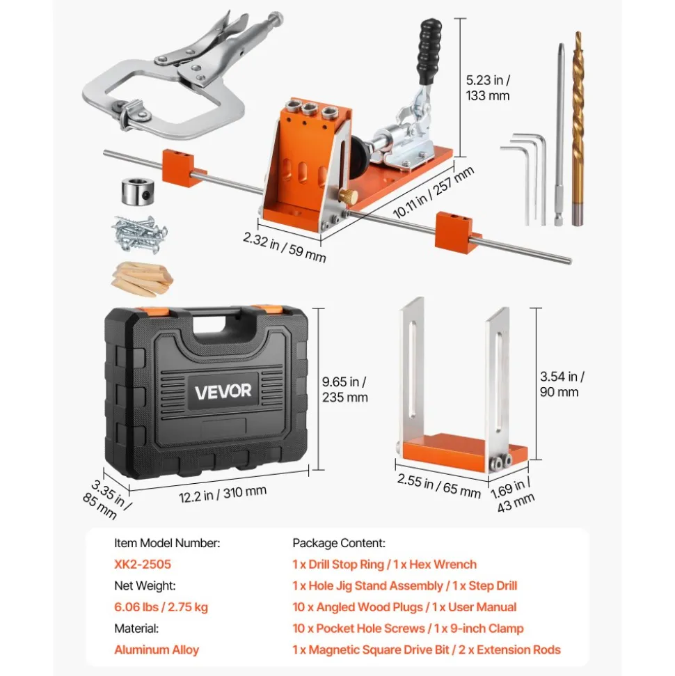 VEVOR Pocket Hole Jig Kit, 1/2 to 1-1/2 in Adjustable, Jig Pocket Hole System with Toolcase, C-Clamp, Step Drill, Hex Wrench, Drill Stop Ring, Square Drive Bit, Reinforced Metal Frame, for Woodworking