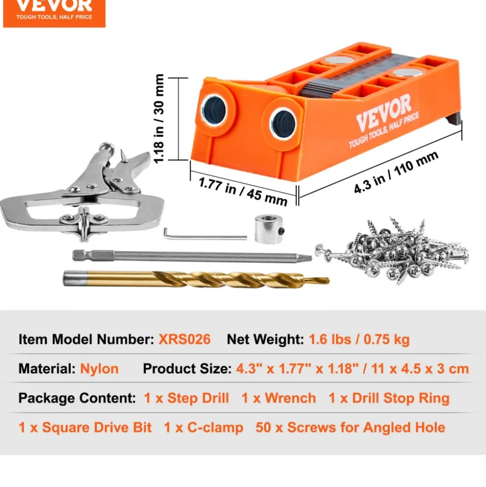 VEVOR Pocket Hole Jig, 56 Pcs Mini Jig Pocket Hole System with 9" C-clamp, Step Drill, Wrench, Square Drive Bit, Drill Stop Ring, and Screws, for DIY Carpentry Projects