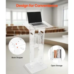 VEVOR Podium Stand, 43-Inch Acrylic Lectern, Portable Laptop Desk with Wide Reading Surface and Storage Shelf, Book Stopper, Floor-Standing, for Classroom, Wedding, Conference, Lecture and Concert