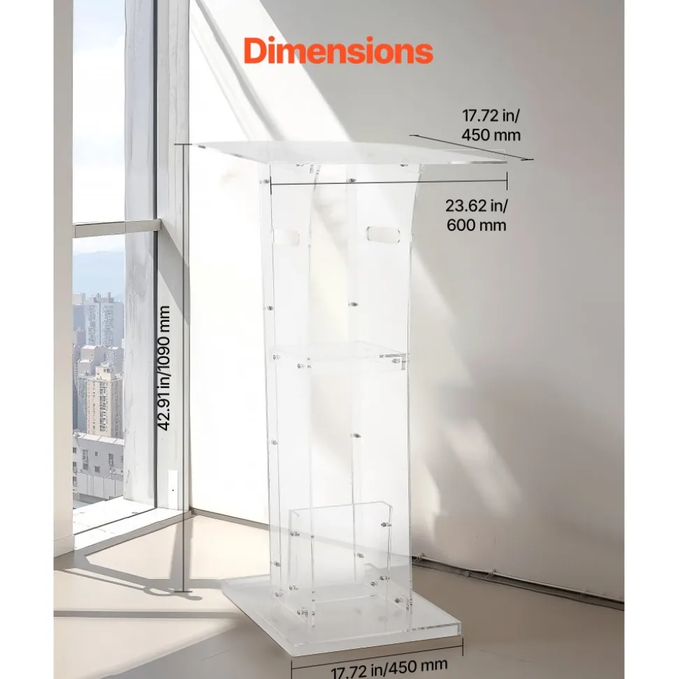 VEVOR Podium Stand, 43-Inch Acrylic Lectern, Portable Laptop Desk with Wide Reading Surface and Storage Shelf, Book Stopper, Floor-Standing, for Classroom, Wedding, Conference, Lecture and Concert