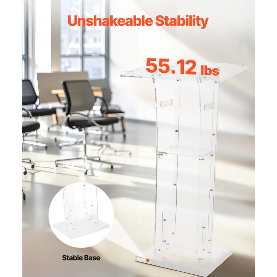 VEVOR Podium Stand, 43-Inch Acrylic Lectern, Portable Laptop Desk with Wide Reading Surface and Storage Shelf, Book Stopper, Floor-Standing, for Classroom, Wedding, Conference, Lecture and Concert