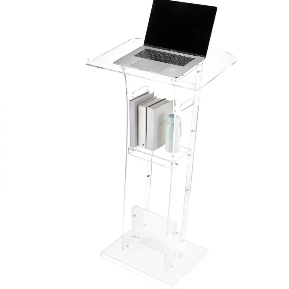 VEVOR Podium Stand, 43-Inch Acrylic Lectern, Portable Laptop Desk with Wide Reading Surface and Storage Shelf, Book Stopper, Floor-Standing, for Classroom, Wedding, Conference, Lecture and Concert
