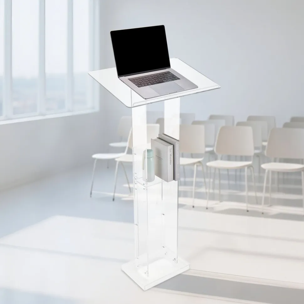 VEVOR Podium Stand, 50-Inch Acrylic Lectern, Portable Laptop Desk with Wide Reading Surface and Storage Shelf, Book Stopper, Floor-Standing, for Classroom, Wedding, Conference, Lecture and Concert