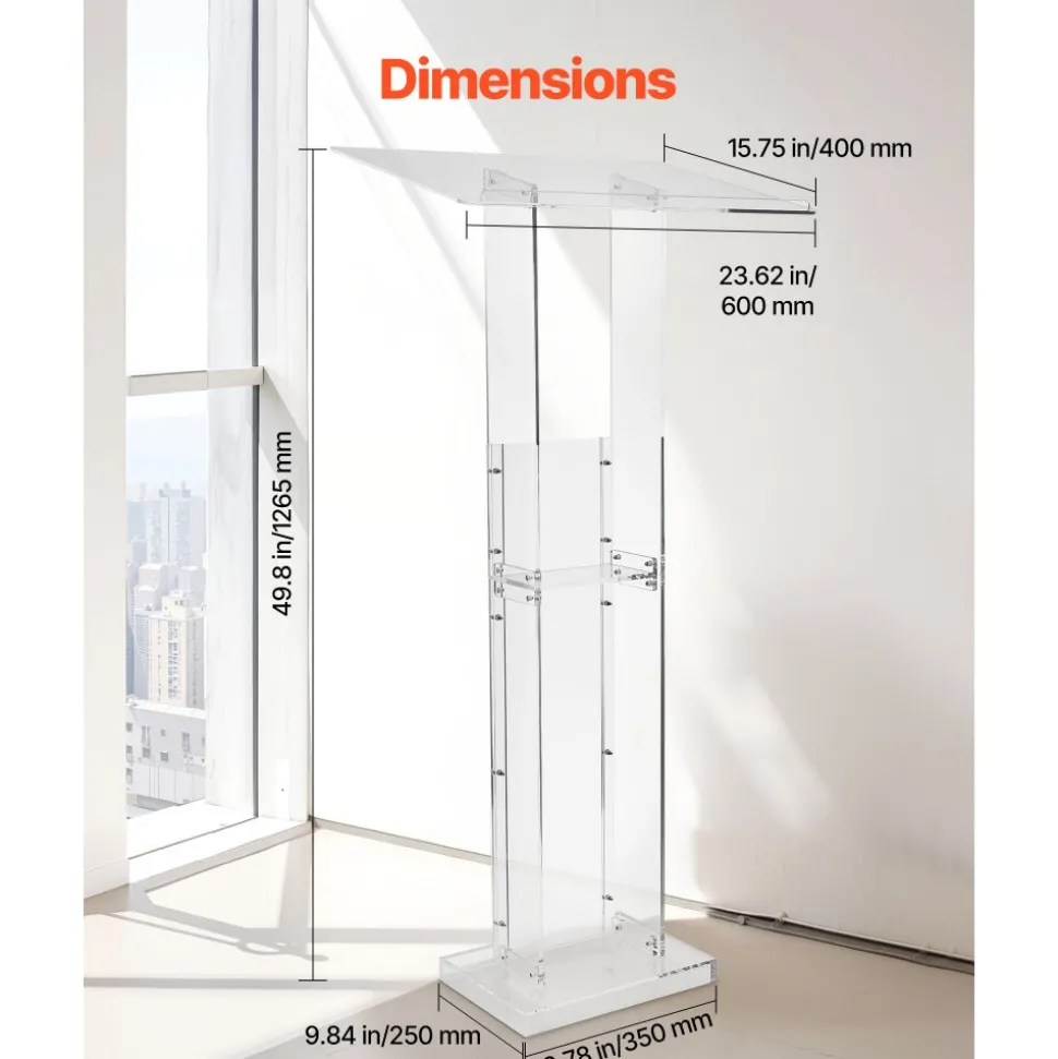 VEVOR Podium Stand, 50-Inch Acrylic Lectern, Portable Laptop Desk with Wide Reading Surface and Storage Shelf, Book Stopper, Floor-Standing, for Classroom, Wedding, Conference, Lecture and Concert