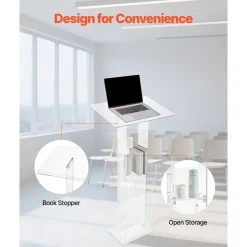 VEVOR Podium Stand, 50-Inch Acrylic Lectern, Portable Laptop Desk with Wide Reading Surface and Storage Shelf, Book Stopper, Floor-Standing, for Classroom, Wedding, Conference, Lecture and Concert