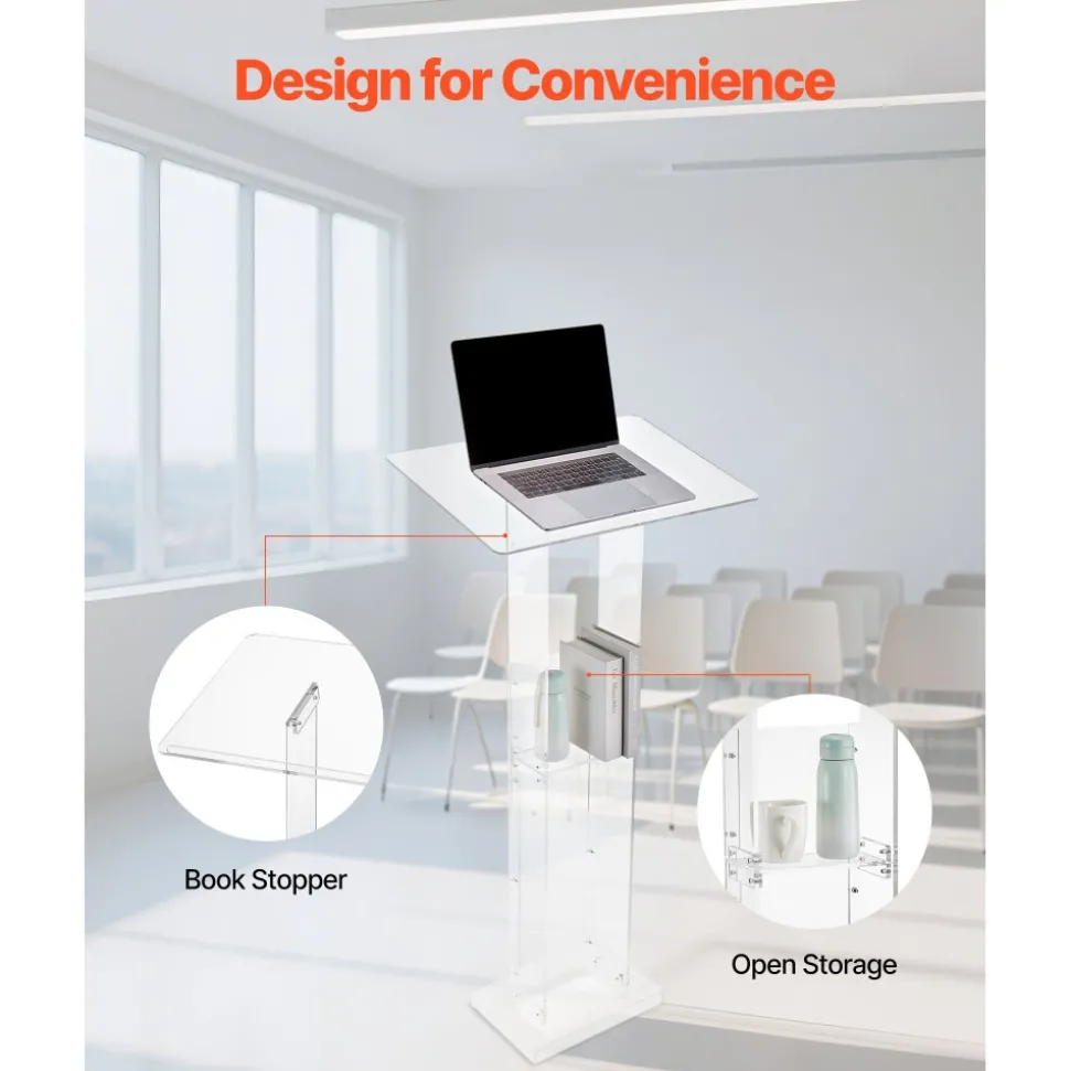 VEVOR Podium Stand, 50-Inch Acrylic Lectern, Portable Laptop Desk with Wide Reading Surface and Storage Shelf, Book Stopper, Floor-Standing, for Classroom, Wedding, Conference, Lecture and Concert