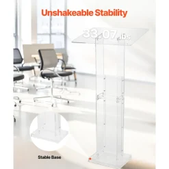 VEVOR Podium Stand, 50-Inch Acrylic Lectern, Portable Laptop Desk with Wide Reading Surface and Storage Shelf, Book Stopper, Floor-Standing, for Classroom, Wedding, Conference, Lecture and Concert