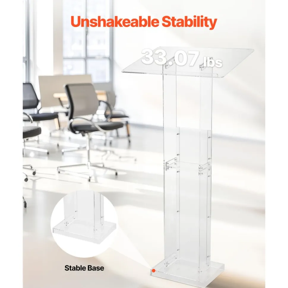 VEVOR Podium Stand, 50-Inch Acrylic Lectern, Portable Laptop Desk with Wide Reading Surface and Storage Shelf, Book Stopper, Floor-Standing, for Classroom, Wedding, Conference, Lecture and Concert