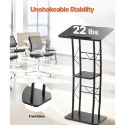 VEVOR Podium Stand, 47-Inch Metal Lectern, Curved Standing Podium with Wide Reading Surface, Open Storage Compartment, Book Stopper, Cup Holder, for Classroom, Wedding, Conference, Speech, and Concert
