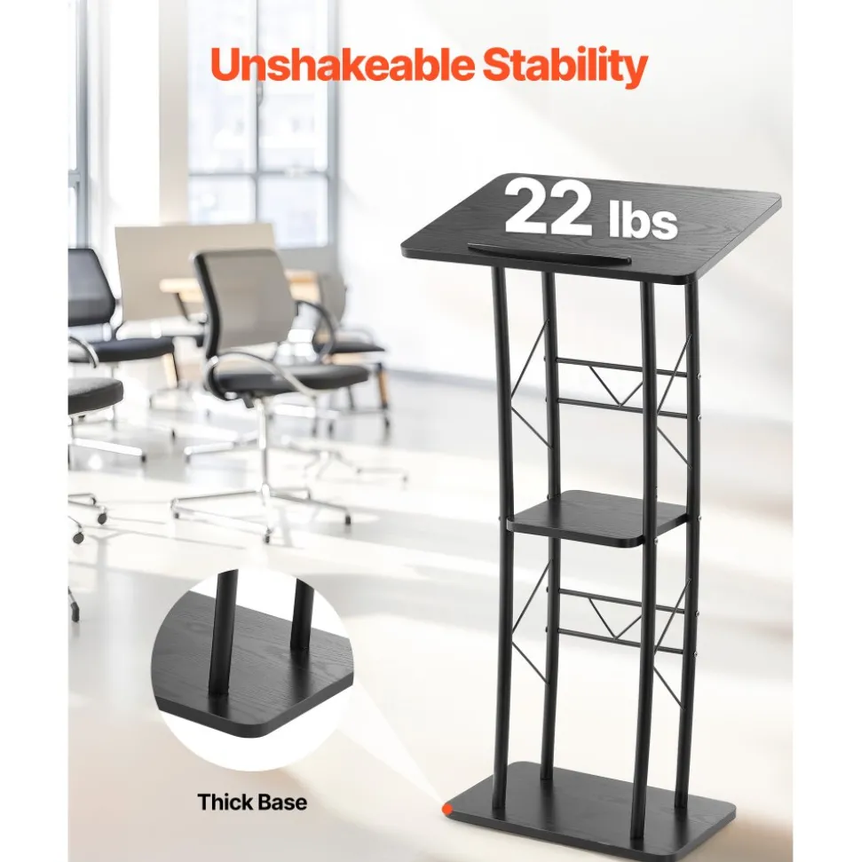 VEVOR Podium Stand, 47-Inch Metal Lectern, Curved Standing Podium with Wide Reading Surface, Open Storage Compartment, Book Stopper, Cup Holder, for Classroom, Wedding, Conference, Speech, and Concert
