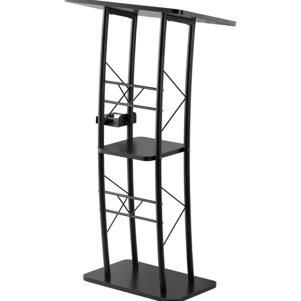 VEVOR Podium Stand, 47-Inch Metal Lectern, Curved Standing Podium with Wide Reading Surface, Open Storage Compartment, Book Stopper, Cup Holder, for Classroom, Wedding, Conference, Speech, and Concert