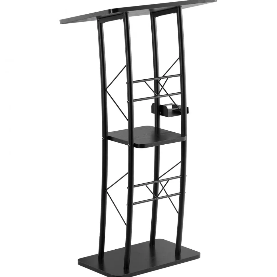 VEVOR Podium Stand, 47-Inch Metal Lectern, Curved Standing Podium with Wide Reading Surface, Open Storage Compartment, Book Stopper, Cup Holder, for Classroom, Wedding, Conference, Speech, and Concert