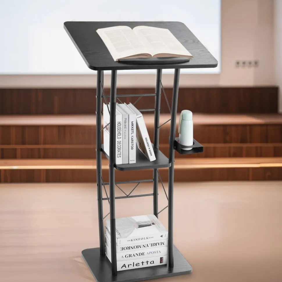 VEVOR Podium Stand, 47-Inch Metal Lectern, Curved Standing Podium with Wide Reading Surface, Open Storage Compartment, Book Stopper, Cup Holder, for Classroom, Wedding, Conference, Speech, and Concert