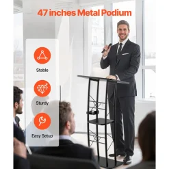 VEVOR Podium Stand, 47-Inch Metal Lectern, Curved Standing Podium with Wide Reading Surface, Open Storage Compartment, Book Stopper, Cup Holder, for Classroom, Wedding, Conference, Speech, and Concert
