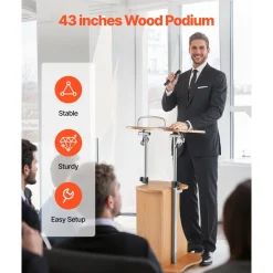 VEVOR Podium Stand, 43-Inch Wooden Lectern, Portable Laptop Desk with Lockable Wheels, Wide Reading Surface and Open Storage Area, Adjustable Height and Angle, for Speeches, Lectures, or Presentations