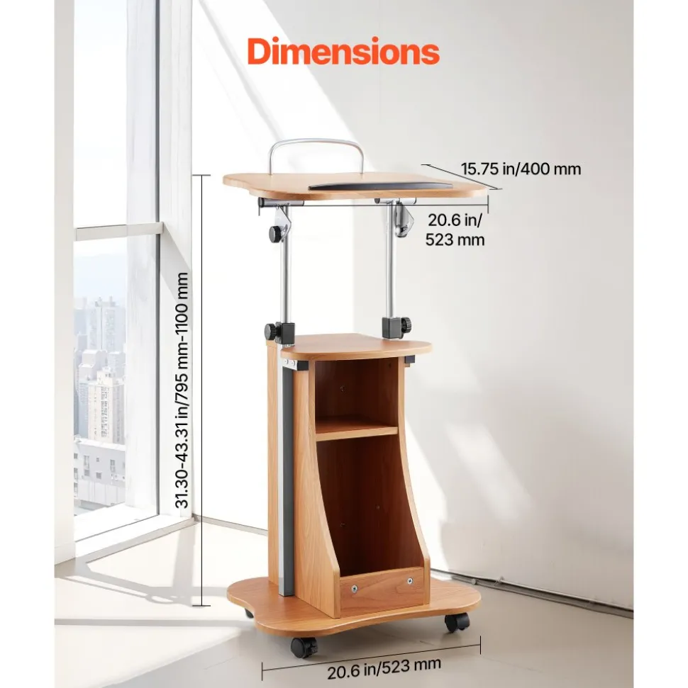 VEVOR Podium Stand, 43-Inch Wooden Lectern, Portable Laptop Desk with Lockable Wheels, Wide Reading Surface and Open Storage Area, Adjustable Height and Angle, for Speeches, Lectures, or Presentations
