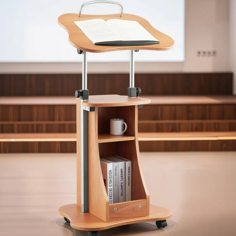 VEVOR Podium Stand, 43-Inch Wooden Lectern, Portable Laptop Desk with Lockable Wheels, Wide Reading Surface and Open Storage Area, Adjustable Height and Angle, for Speeches, Lectures, or Presentations