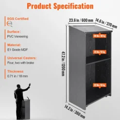VEVOR Podium Stand, 47 in Hostess Stand with 4 Rolling Wheels, Wood Podium with Storage Shelves, and Slant Desktop, Lecterns & Podiums for Church, Office, School, Home, Black
