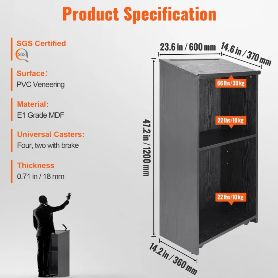 VEVOR Podium Stand, 47 in Hostess Stand with 4 Rolling Wheels, Wood Podium with Storage Shelves, and Slant Desktop, Lecterns & Podiums for Church, Office, School, Home, Black