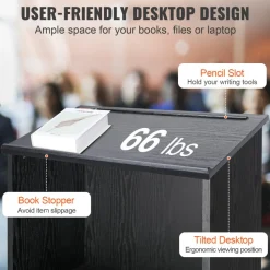 VEVOR Podium Stand, 47 in Hostess Stand with 4 Rolling Wheels, Wood Podium with Storage Shelves, and Slant Desktop, Lecterns & Podiums for Church, Office, School, Home, Black