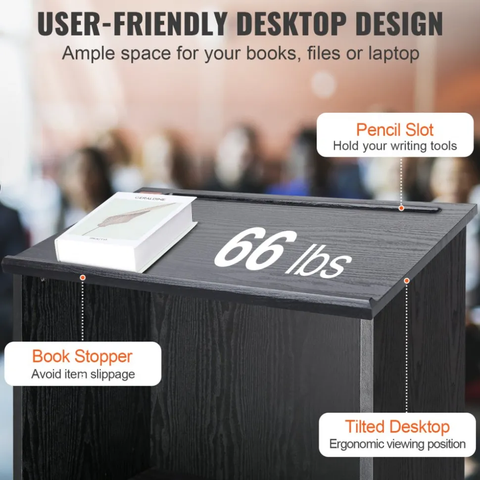 VEVOR Podium Stand, 47 in Hostess Stand with 4 Rolling Wheels, Wood Podium with Storage Shelves, and Slant Desktop, Lecterns & Podiums for Church, Office, School, Home, Black