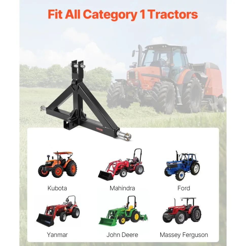 VEVOR 3 Point Hitch Receiver with 2 in Receiver, 3pt Quick Hitch Attachment, 3,000 lbs Capacity, Heavy Duty Tractor Tow Drawbar Adapter, Compatible with Kubota, Mahindra, John Deere, Massey Ferguson