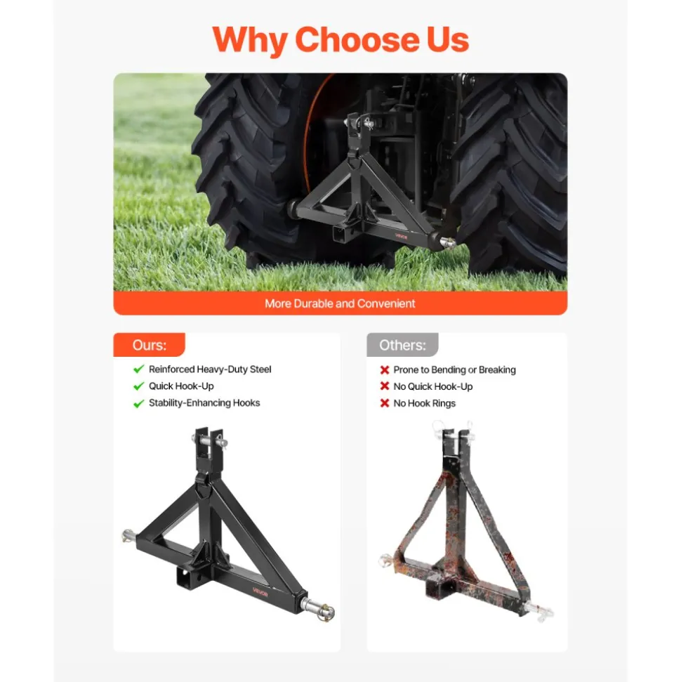 VEVOR 3 Point Hitch Receiver with 2 in Receiver, 3pt Quick Hitch Attachment, 3,000 lbs Capacity, Heavy Duty Tractor Tow Drawbar Adapter, Compatible with Kubota, Mahindra, John Deere, Massey Ferguson