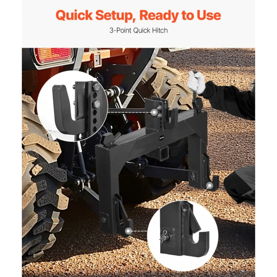 VEVOR 3-Point Quick Hitch with 2 in Receiver, 3000 Lbs Lift Capacity, 3-Pt Hitch with 5 Level Adjustable Bolt, Adaptation to Category 1 & 2 Tractor, Heavy Duty 3 Point Attachments, Black