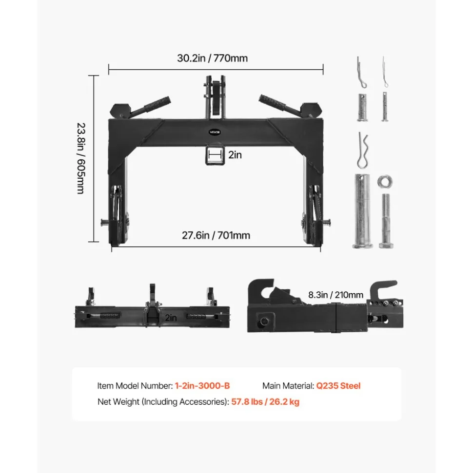 VEVOR 3-Point Quick Hitch with 2 in Receiver, 3000 Lbs Lift Capacity, 3-Pt Hitch with 5 Level Adjustable Bolt, Adaptation to Category 1 & 2 Tractor, Heavy Duty 3 Point Attachments, Black