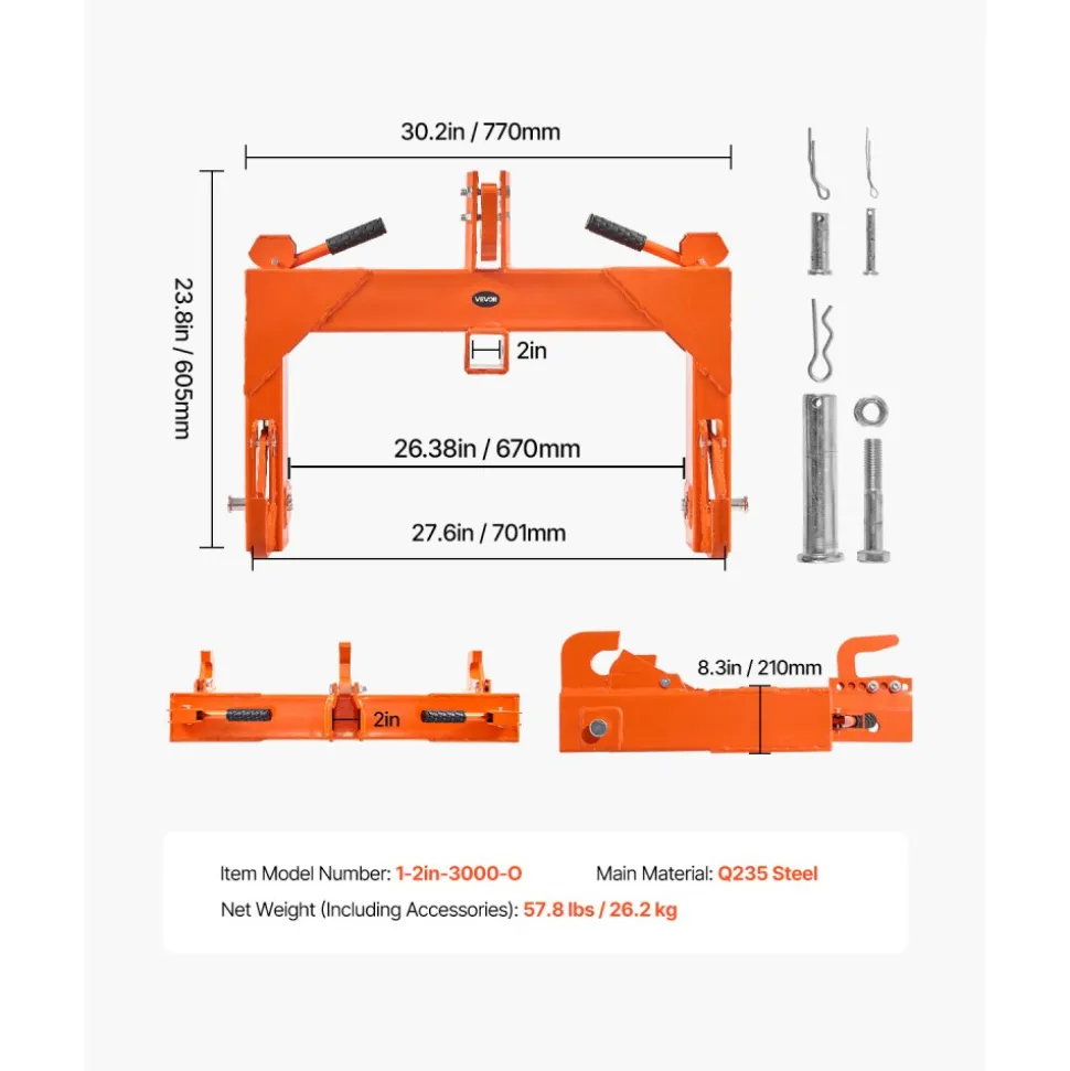 VEVOR 3-Point Quick Hitch with 2 in Receiver, 3000 Lbs Lift Capacity, 3-Pt Hitch with 5 Level Adjustable Bolt, Adaptation to Category 1 & 2 Tractor, Heavy Duty 3 Point Attachments, Orange