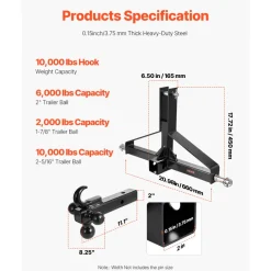 VEVOR 3 Point Trailer Hitch with 2 in Receiver, 3pt Quick Hitch Attachment, Heavy Duty Tractor Tow Drawbar Adapter, Compatible with Kubota, Mahindra, Ford, Yanmar, John Deere, Massey Ferguson